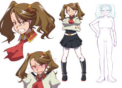 Rule 34 | 1girl, angry, artist request, blush, boots, breasts, brown eyes, brown hair, character sheet, gundam, gundam build fighters, gundam build fighters try, heart, heart-shaped pupils, heavy breathing, large breasts, looking at viewer, looking away, saliva, sazaki kaoruko, sketch, skirt, smile, solo, standing, symbol-shaped pupils, twintails, uniform