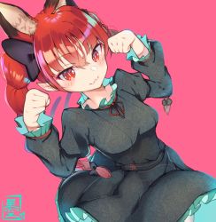 Rule 34 | 1girl, :3, animal ears, black bow, bow, braid, cat ears, dress, dutch angle, extra ears, fang, fang out, from above, hoshizora gabugabu, kaenbyou rin, long sleeves, looking at viewer, multiple tails, nekomata, paw pose, pink background, pointy ears, red background, red eyes, red hair, skin fang, slit pupils, solo, tail, touhou, twin braids