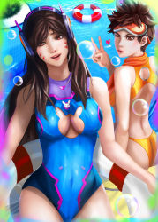 Rule 34 | 2girls, adapted costume, animal print, bikini, breasts, brown eyes, bubble, cleavage cutout, clothing cutout, d.va (overwatch), goggles, headgear, heart, highres, innertube, long hair, looking at viewer, medium breasts, multiple girls, one-piece swimsuit, orange bikini, overwatch, overwatch 1, parted lips, pool, rabbit print, short hair, spiked hair, swim ring, swimsuit, tracer (overwatch), v, x-kulon