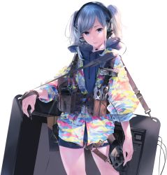 Rule 34 | 1girl, blue eyes, blue hair, cable, camera, camouflage, coat, cowboy shot, drawing tablet, facing viewer, gloves, headphones, highres, multicolored clothes, multicolored coat, original, shorts, simple background, solo, sousou (sousouworks), standing, strap, sweater, swept bangs, tagme, twintails, wacom, white background