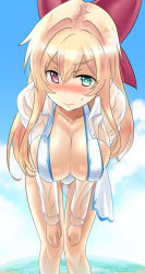 Rule 34 | 1girl, blonde hair, blue sky, blush, bow, breasts, cleavage, closed mouth, collarbone, cowboy shot, day, flower knight girl, foreshortening, green eyes, hair bow, heterochromia, ishizu kayu, ivy (flower knight girl), large breasts, leaning forward, long hair, looking at viewer, nose blush, open clothes, open shirt, purple eyes, red bow, see-through, shirt, sky, slingshot swimsuit, solo, swimsuit, wet, wet clothes, wet shirt