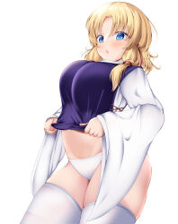 Rule 34 | 1girl, absurdres, alternate breast size, blonde hair, blue eyes, blush, breasts, commentary request, cowboy shot, hair ribbon, highres, large breasts, long sleeves, looking at viewer, medium hair, moriya suwako, musi tino, navel, no headwear, no pants, open mouth, panties, parted bangs, purple vest, red ribbon, ribbon, see-through, see-through legwear, shirt, simple background, sleeves past wrists, solo, thick thighs, thighhighs, thighs, touhou, underwear, undressing, vest, white background, white panties, white shirt, white thighhighs, wide sleeves