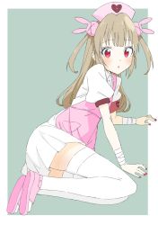 Rule 34 | 1girl, absurdres, apron, armband, ass, bandages, blush, collared shirt, donguri suzume, hair ornament, hat, heart, highres, light brown hair, looking at viewer, nail polish, natori sana, nurse cap, on ground, parted lips, pink apron, pink hat, puffy short sleeves, puffy sleeves, rabbit hair ornament, red eyes, red nails, sana channel, shirt, short sleeves, simple background, skirt, slippers, solo, thighhighs, thighs, two side up, virtual youtuber, white skirt, white thighhighs, zettai ryouiki