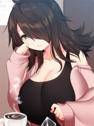 Rule 34 | 1girl, black tank top, borrowed character, breasts, brown hair, cleavage, coffee, green eyes, hair over one eye, huge breasts, jacket, long hair, mofuaki, mole, mole under eye, open clothes, open jacket, original, sleepy, sleeves past wrists, small hands, solo, steam, tank top