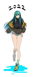 Rule 34 | 1girl, 2022, ;), alternate costume, aqua hair, aqua socks, arms at sides, blue eyes, blue hair, chinese zodiac, commentary request, cross-laced footwear, full body, green hair, head tilt, henriiku (ahemaru), highres, horns, jacket, long hair, long sleeves, looking at viewer, lum, off shoulder, one eye closed, oni, pointy ears, shoes, short shorts, shorts, sidelocks, simple background, sleeves past wrists, smile, sneakers, socks, solo, thigh strap, thumb in pocket, tiger stripes, turtleneck, urusei yatsura, very long hair, white background, year of the tiger