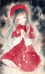 Rule 34 | 1girl, aura, black background, black hair, blunt bangs, bow, bowtie, cardcaptor sakura, closed eyes, daidouji tomoyo, dress, facing viewer, falling petals, gradient hair, grey hair, hat, long hair, long sleeves, multicolored hair, own hands together, painting (medium), parted lips, petals, red bow, red bowtie, red dress, red hat, rei (456789io), socks, solo, standing, teeth, traditional media, two-tone hair, upper teeth only, watercolor (medium), white sleeves, white socks