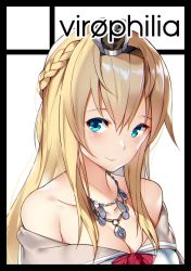 Rule 34 | 1girl, blonde hair, blue eyes, braid, circle cut, crown, dress, french braid, hair between eyes, jewelry, kantai collection, long hair, mini crown, necklace, off-shoulder dress, off shoulder, orihi chihiro, red ribbon, ribbon, smile, solo, warspite (kancolle)