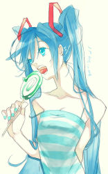 Rule 34 | 1girl, aqua nails, bare shoulders, blue eyes, blue hair, camisole, candy, chachie, collarbone, food, hatsune miku, licking, lollipop, long hair, matching hair/eyes, nail polish, sexually suggestive, simple background, solo, strap slip, striped, swirl lollipop, tion yoku, tongue, twintails, upper body, vocaloid