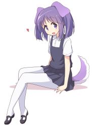 Rule 34 | 1girl, :d, animal ears, black footwear, black skirt, black sweater, buttons, collared shirt, commentary request, dog ears, dog tail, full body, head tilt, heart, hinata yukari, kemonomimi mode, kirara fantasia, long hair, looking at viewer, mary janes, mel (melty pot), open mouth, pantyhose, pleated skirt, purple eyes, purple hair, shadow, shirt, shoes, short sleeves, simple background, sitting, skirt, smile, solo, sweater, sweater vest, tail, twintails, white background, white pantyhose, white shirt, wing collar, yuyushiki