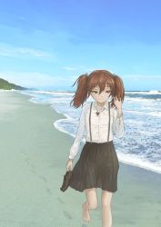 Rule 34 | 1girl, barefoot, beach, black skirt, brown eyes, brown footwear, brown hair, cloud, commentary request, day, footprints, hair between eyes, hair ribbon, hand in own hair, holding, holding shoes, jewelry, kantai collection, long hair, long sleeves, magatama, magatama necklace, mountain, necklace, nito (nshtntr), ocean, outdoors, pleated skirt, ribbon, ryuujou (kancolle), shirt, shoes, unworn shoes, skirt, sky, solo, suspender skirt, suspenders, twintails, walking, water, white shirt