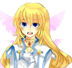 Rule 34 | 00s, 1girl, :o, blonde hair, blue eyes, colette brunel, female focus, gem, gloves, jewelry, long hair, necklace, open mouth, solo, tales of (series), tales of symphonia, teeth, tongue, upper body, white background, white gloves, wings