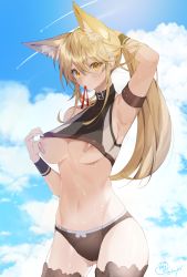Rule 34 | absurdres, animal ears, areola slip, armband, armpits, artist request, bandaid, bandaids on nipples, blonde hair, breasts, character request, cloud, cloudy sky, collar, commission, crop top, elsword, fang, hair tie, highres, large breasts, long hair, mouth hold, navel, pasties, ponytail, sidelocks, skin fang, sky, solo, sweat, thighhighs, tying hair, underboob, yellow eyes