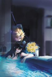 Rule 34 | 1boy, 1girl, armor, bath, bathing, bathroom, bathtub, black hair, bouquet, breasts, buster sword, closed eyes, clothed male nude female, cloud strife, couple, final fantasy, final fantasy vii, final fantasy vii advent children, flower, glass, holding, holding bouquet, indoors, kiss, large breasts, long hair, nude, shampoo bottle, shoulder armor, sleeping, spiked hair, spykeee, swept bangs, tifa lockhart, twitter username, water, weapon, weapon on back