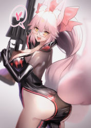 Rule 34 | 1girl, animal ears, ass, between breasts, black bodysuit, black gloves, blurry, blurry background, bodysuit, breasts, cleavage, clothing cutout, fate/grand order, fate (series), fox ears, fox girl, fox tail, glasses, gloves, gun, hair between eyes, heart, heart-shaped pupils, highres, holding, holding weapon, huge ass, koyanskaya (fate), large breasts, long hair, looking at viewer, looking back, nepodayo, no bra, no panties, pink hair, pink ribbon, ponytail, ribbon, sharp teeth, skin tight, solo, speech bubble, symbol-shaped pupils, tail, tamamo (fate), teeth, thigh cutout, thighs, weapon, yellow eyes