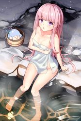 Rule 34 | 1girl, barefoot, blunt bangs, breasts, character request, chestnut mouth, cleavage, commentary request, from above, highres, in water, knees together feet apart, kotonoha akane, long hair, looking at viewer, looking up, naked towel, onsen, parted lips, pink hair, purple eyes, shinko gunsei, sidelocks, slime (creature), soaking feet, steam, stone floor, towel, v-shaped eyebrows, voiceroid