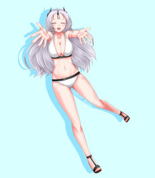 Rule 34 | 1girl, bikini, blush, breasts, cleavage, closers, closed eyes, female focus, full body, highres, horns, large breasts, levia (closers), long hair, nail polish, navel, ofuda, open mouth, outstretched arms, red nails, silver hair, simple background, smile, solo, swimsuit, urabaha