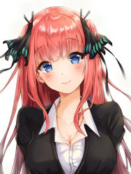 Rule 34 | 1girl, black ribbon, blue eyes, blunt bangs, blush, breasts, cleavage, closed mouth, collarbone, go-toubun no hanayome, hair ribbon, highres, long hair, looking at viewer, nakano nino, red hair, ribbon, school uniform, shirt, simple background, smile, solo, upper body, white background, white shirt, wung125