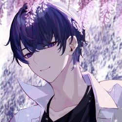 Rule 34 | 1boy, black shirt, grin, highres, jacket, jewelry, looking at viewer, male focus, marius von hagen (tears of themis), necklace, open clothes, open jacket, open mouth, purple eyes, purple hair, shirt, short hair, smile, tears of themis, teeth, tercynya, white jacket