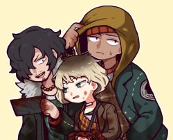 1girl 2boys bead_necklace beads beanie black_hair blonde_hair blood blood_on_face brown_coat coat dark-skinned_male dark_skin dirty facial_hair fur-trimmed_jacket fur_trim gradient_hair green_coat green_eyes hair_over_one_eye hat hatake_shimeji hood hood_up jacket jewelry lapels lenny_(project_moon) library_of_ruina mang-chi_(project_moon) multicolored_hair multiple_boys necklace pete_(project_moon) plaid_clothes plaid_shirt project_moon shirt short_hair stubble upper_body v-shaped_eyebrows