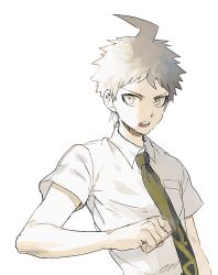 Rule 34 | 1boy, ahoge, aoki (fumomo), brown hair, clenched hand, collared shirt, commentary request, danganronpa (series), danganronpa 2: goodbye despair, green necktie, hinata hajime, looking at viewer, male focus, necktie, open mouth, shirt, short hair, short sleeves, simple background, solo, spiked hair, upper body, white background, white shirt