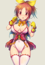 Rule 34 | 10s, 1girl, abe nana, blush, bow, bowtie, breasts, brown eyes, brown hair, covered erect nipples, covered navel, gloves, grey background, hair ribbon, idolmaster, idolmaster cinderella girls, kara (color), large breasts, looking at viewer, open mouth, ponytail, ribbon, short hair, simple background, solo, standing, thigh gap, thighhighs, white thighhighs, yellow gloves