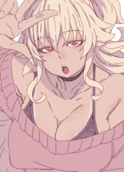 Rule 34 | 1girl, :o, amanda (sennen sensou aigis), bare shoulders, black bra, blonde hair, bra, breasts, cleavage, close-up, collarbone, commentary request, covered erect nipples, gyaru, highres, large breasts, looking at viewer, medium hair, off shoulder, red eyes, simple background, sketch, solo, sweater, tan, tasaka shinnosuke, underwear, upper body, w, white background