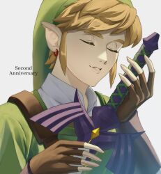 Rule 34 | 1boy, blonde hair, brown gloves, closed eyes, earrings, fingerless gloves, gloves, green hat, green tunic, hat, highres, holding, holding sword, holding weapon, jewelry, jimaku 726, link, male focus, nintendo, parted lips, pointy ears, solo, sword, the legend of zelda, upper body, weapon
