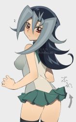 Rule 34 | 1girl, alternate breast size, ass, bare shoulders, blue hair, blush, breasts, clothes lift, embarrassed, kamishiro rio, knhrpnkt, long hair, looking at viewer, looking back, medium breasts, miniskirt, multicolored hair, red eyes, school uniform, shiny skin, simple background, skirt, skirt lift, solo, sweat, translation request, two-tone hair, yu-gi-oh!, yuu-gi-ou, yuu-gi-ou zexal