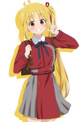 Rule 34 | 1girl, ahoge, backpack, bag, belt, blonde hair, blue ribbon, blush, bocchi the rock!, collared shirt, commentary request, cosplay, dars (recolors), dress, grey dress, grin, hair ribbon, hand up, highres, ijichi nijika, long hair, long sleeves, looking at viewer, lycoris recoil, lycoris uniform, neck ribbon, nishikigi chisato, nishikigi chisato (cosplay), pleated dress, red belt, red dress, red eyes, red ribbon, ribbon, shirt, side ponytail, smile, solo, standing, two-tone dress, very long hair, w, white background, white shirt