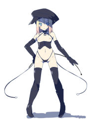 Rule 34 | 1girl, bad id, bad pixiv id, bdsm, black panties, black thighhighs, blonde hair, blue eyes, blush, bondage, boots, bound, breastless clothes, breasts, collar, corset, dominatrix, elbow gloves, flat chest, gloves, hand on own hip, hat, highleg, highleg panties, lingerie, long hair, looking at viewer, nipples, original, panties, riding crop, simple background, solo, standing, thighhighs, underwear, white background, yanagi yuu
