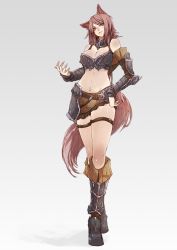 Rule 34 | 1girl, animal ears, armor, bad id, bad pixiv id, blush, boots, breasts, brown hair, cleavage, detached sleeves, fox ears, green eyes, hand on own hip, hip focus, ian olympia, large breasts, long hair, midriff, navel, original, solo, very long hair