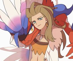 Rule 34 | 1girl, bright pupils, brown hair, closed mouth, coat, commentary, creatures (company), earrings, eyelashes, fur-trimmed coat, fur trim, game freak, green eyes, hair ornament, jewelry, koraidon, long hair, looking at viewer, navel, necklace, nintendo, open clothes, open coat, pokemon, pokemon (creature), pokemon sv, sada (pokemon), shirt, simple background, smile, ssalbulre, torn clothes, torn shirt, upper body, white background, white coat, white pupils