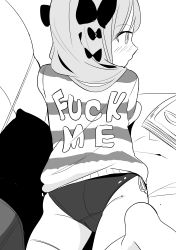 Rule 34 | 1girl, absurdres, ass, blush, bow, clothes writing, english text, fuck-me shirt, greyscale, hair bow, highres, jacket, long hair, looking away, looking to the side, lying, meme attire, monochrome, no pants, no shoes, nose blush, on stomach, original, panties, pillow, print jacket, profanity, side-tie panties, soles, solo, striped clothes, striped jacket, surio, thighhighs, underwear
