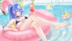 Rule 34 | 1girl, :p, azur lane, bare legs, bare shoulders, barefoot, bikini, black bikini, blue eyes, blue hair, blue nails, blush, breasts, commentary request, crossed legs, cup, double-parted bangs, feet, foot out of frame, highres, holding, holding cup, innertube, knees together feet apart, large breasts, legs, long hair, looking at viewer, manjuu (azur lane), micro bikini, nail polish, new jersey (azur lane), new jersey (midsummer leisure) (azur lane), official alternate costume, ponytail, pool, pool ladder, presenting foot, sidelocks, swim ring, swimsuit, toenail polish, toenails, toes, tongue, tongue out, very long hair, zzo (chorizzzzo)