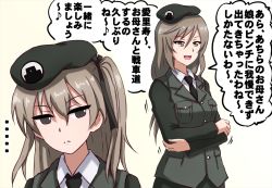 Rule 34 | ..., 2girls, beret, black headwear, black jacket, black neckwear, black skirt, brown eyes, brown hair, closed mouth, commentary, crossed arms, dress shirt, emblem, frown, girls und panzer, hair ribbon, hat, highres, jacket, japanese tankery league (emblem), jitome, light brown hair, long hair, long sleeves, looking at another, looking back, military, military hat, military uniform, mother and daughter, motion lines, multiple girls, necktie, omachi (slabco), one side up, open mouth, ribbon, selection university (emblem), selection university military uniform, shimada arisu, shimada chiyo, shirt, skirt, smile, spoken ellipsis, standing, translation request, unamused, uniform, white shirt