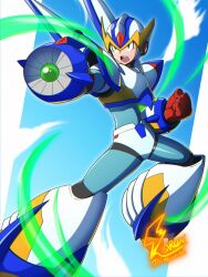 Rule 34 | 1boy, arm cannon, armor, artist logo, clenched hand, falcon armor x (mega man), feet out of frame, fontatoba, forehead jewel, helmet, highres, mega man (series), mega man x (series), open mouth, solo, teeth, twitter username, upper teeth only, weapon, white armor, white helmet, x (mega man), x buster