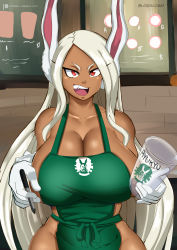 Rule 34 | 1girl, absurdres, animal ears, apron, bare shoulders, barista, boku no hero academia, breasts, cafe, cup, curvy, dark-skinned female, dark skin, disposable cup, gloves, green apron, highres, holding, holding cup, holding marker, huge breasts, iced latte with breast milk (meme), long eyelashes, long hair, loquillo, marker, meme, mirko, naked apron, open mouth, rabbit ears, rabbit girl, red eyes, thick thighs, thighs, very long hair, white gloves, white hair