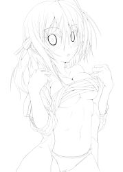 Rule 34 | 1girl, :o, absurdres, bad id, bad pixiv id, bare shoulders, blush, breasts, cameltoe, cleavage, dress shirt, greyscale, highres, konoe subaru, lineart, looking at viewer, mayo chiki!, medium breasts, monochrome, navel, no pants, open clothes, open mouth, open shirt, panties, re:n ne, sarashi, shirt, short hair, sleeves pushed up, solo, underboob, underwear, undressing