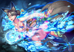 Rule 34 | 1girl, :d, ahri (league of legends), alternate costume, alternate eye color, alternate hairstyle, animal ears, aqua eyes, black hair, black socks, blue fire, braid, breasts, bug, butterfly, claws, dynasty ahri, fangs, fire, fox, fox ears, fox tail, french braid, from side, glowing, green eyes, hair between eyes, hair bun, hair ornament, hair stick, insect, kneehighs, korean clothes, large breasts, league of legends, leg up, long sleeves, looking at viewer, lucy (bechoco), magic, mole, mole under eye, multiple tails, open mouth, parted bangs, ribbon trim, shoes, short hair, single hair bun, smile, socks, solo, tail