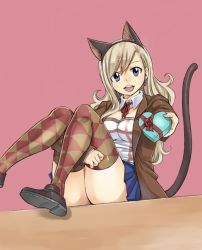 Rule 34 | 1girl, :d, animal ears, argyle, argyle clothes, argyle legwear, black hairband, blonde hair, blue eyes, blue skirt, box, breasts, brown footwear, brown jacket, cat ears, cat tail, choker, cleavage, earrings, eden&#039;s zero, fake animal ears, full body, hair between eyes, hairband, heart, heart-shaped box, heart earrings, holding, holding box, jacket, jewelry, loafers, long hair, long sleeves, looking at viewer, mashima hiro, medium breasts, miniskirt, neck ribbon, official art, open clothes, open jacket, open mouth, pink background, pleated skirt, rebecca bluegarden, red ribbon, ribbon, shoes, simple background, sitting, skirt, smile, solo, tail, thighhighs, valentine