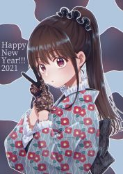 Rule 34 | 1girl, 2021, :o, black gloves, black scrunchie, brown hair, commentary request, floral print, gloves, grey kimono, hair between eyes, hair ornament, hair scrunchie, hands up, happy new year, highres, isshokuitaru, japanese clothes, kimono, long hair, long sleeves, looking at viewer, nengajou, new year, original, parted lips, ponytail, print kimono, red eyes, scrunchie, see-through, signature, solo, unmoving pattern, upper body, v