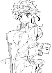 Rule 34 | 1girl, alternate costume, areola slip, arm support, ass, asymmetrical hair, blouse, coffee mug, collared shirt, commentary request, cowboy shot, cup, eyelashes, from behind, greyscale, kantai collection, kusanagi tonbo, long hair, looking at viewer, messy hair, monochrome, mug, no bra, no panties, open clothes, open shirt, puffy nipples, reaching, reaching towards viewer, shirt, smile, tareme, thighs, unryuu (kancolle), very long hair, wavy hair