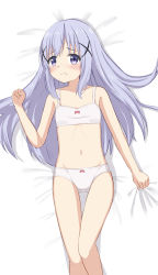 Rule 34 | 1girl, absurdres, bare arms, bare shoulders, bed sheet, blue hair, blush, bow, bow bra, bow panties, bra, closed mouth, commentary request, feet out of frame, flat chest, gluteal fold, gochuumon wa usagi desu ka?, hair ornament, hand up, highres, kafuu chino, long hair, looking at viewer, lying, on back, panties, purple eyes, sheet grab, solo, takasuma hiro, thigh gap, training bra, underwear, underwear only, very long hair, white bra, white panties, x hair ornament