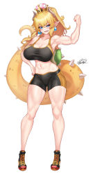Rule 34 | 1girl, abs, absurdres, bike shorts, bowsette, breasts, cleavage, earrings, full body, highres, large breasts, mario (series), muscular, navel, new super mario bros. u deluxe, nez-box, nintendo, sharp teeth, shoes, sneakers, solo, sphere earrings, spiked shell, spiked tail, spikes, sports bra, stomach, super crown, tail, teeth, thighs, turtle shell