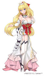 Rule 34 | 1girl, ascot, bare shoulders, blonde hair, blue eyes, blush, bow, bracelet, breasts, cleavage, detached sleeves, dress, elf, frilled dress, frills, full body, garter straps, gradient clothes, hair between eyes, high heels, highres, jewelry, large breasts, long hair, looking at viewer, miniskirt, necklace, original, parted lips, pleated skirt, pointy ears, ponytail, red bow, ring, skirt, smile, solo, standing, strapless, strapless dress, thighhighs, tiara, very long hair, white background, white dress, white skirt, white thighhighs, yaman, zettai ryouiki