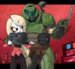 Rule 34 | 1boy, 1girl, aiming, arm blade, armor, assault visor, black nails, black pants, blonde hair, blush stickers, centinel303, charlie morningstar, closed mouth, colored sclera, colored skin, commentary, cowboy shot, crossover, doom (series), doom eternal, doomguy, energy gun, english commentary, fingernails, green armor, gun, hand on another&#039;s head, hazbin hotel, height difference, helmet, holding, holding gun, holding weapon, letterboxed, long hair, multicolored hair, one eye closed, pants, plasma rifle, pointing, pointing forward, praetor suit, red shirt, red sky, sharp fingernails, shirt, shoulder cannon, sky, streaked hair, very long hair, weapon, white hair, white skin, yellow sclera