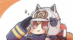 Rule 34 | 1girl, animal ears, animal helmet, arknights, arm up, black gloves, black jacket, blush, brown background, brown eyes, brown hair, chibi, closed mouth, fake animal ears, firefighter jacket, gloves, hair between eyes, jacket, long sleeves, salute, shaw (arknights), sleeves past wrists, smile, solo, sparkle, squirrel tail, tail, twitter username, two-tone background, upper body, white background, white headwear, yodo rado