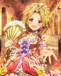 Rule 34 | 10s, :d, alternate costume, blush, brown hair, earrings, flower, folding fan, green eyes, hair flower, hair ornament, hand fan, idolmaster, idolmaster million live!, jewelry, kawakami tetsuya, lens flare, looking at viewer, musical note, necklace, nikaidou chizuru, official art, open mouth, outstretched hand, signature, smile, solo, solo focus