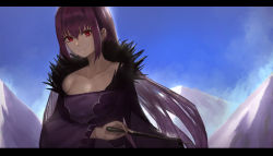 Rule 34 | 1girl, aito, bare shoulders, blue sky, breasts, cleavage, collarbone, commentary request, day, dress, fate/grand order, fate (series), fur-trimmed dress, fur trim, highres, holding, holding wand, letterboxed, long hair, long sleeves, looking at viewer, medium breasts, mountain, outdoors, parted lips, purple dress, purple hair, red eyes, scathach (fate), scathach skadi (fate), sidelocks, sky, smile, solo, upper body, very long hair, wand, wide sleeves