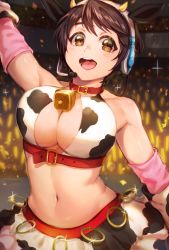 Rule 34 | 10s, 1girl, :d, animal costume, animal ears, animal print, artist name, audience, bad id, bad pixiv id, bare shoulders, bell, belt collar, blush, breasts, brook (applebrk), brown eyes, brown hair, cleavage, collar, concert, cow costume, cow ears, cow girl, cow print, cowbell, elbow gloves, fake horns, frilled skirt, frills, gloves, glowstick, headset, horned headwear, horns, idolmaster, idolmaster cinderella girls, large breasts, looking at viewer, matching hair/eyes, midriff, navel, neck bell, oikawa shizuku, open mouth, short hair, signature, skirt, smile, solo, sparkle, upper body, very short hair